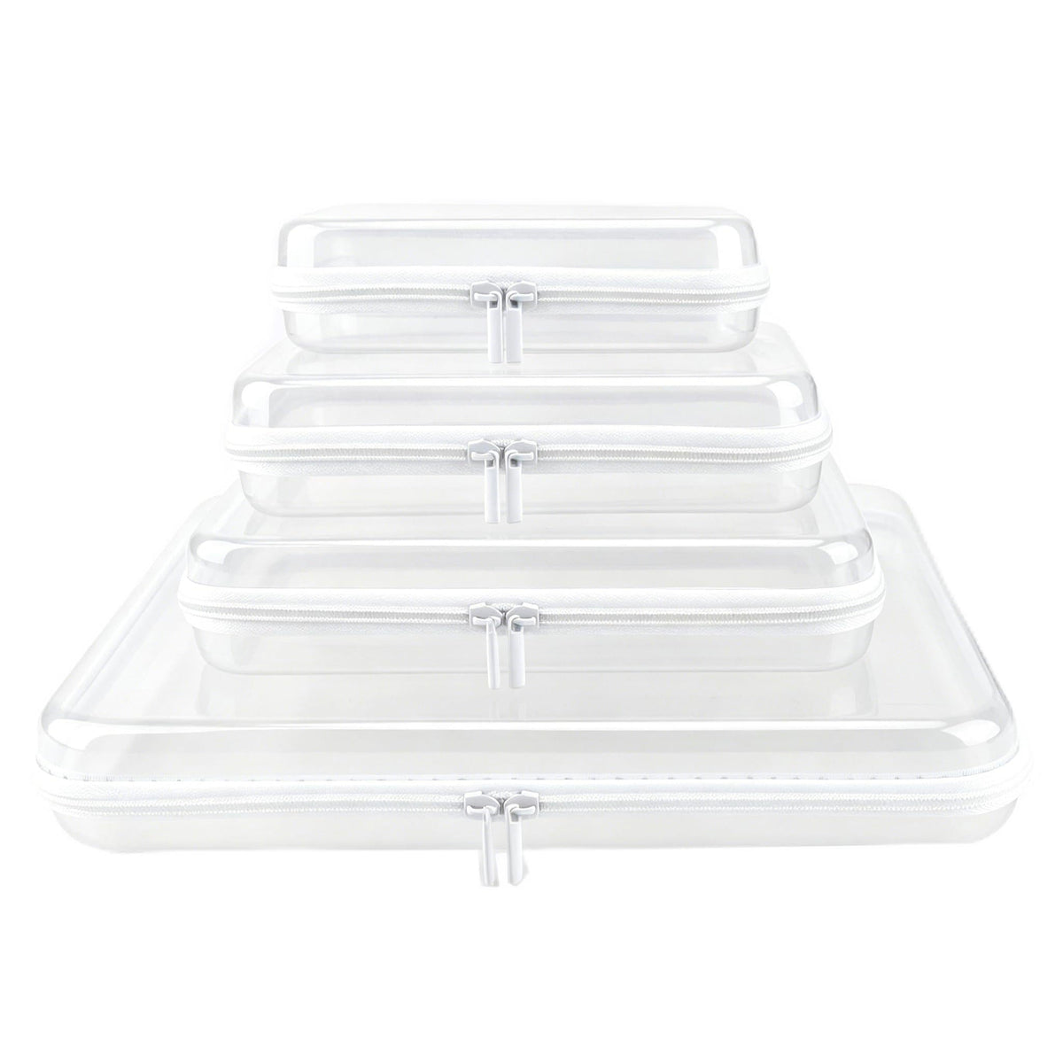 YOPCDJ front view of four clear pouches showing sizes and organization benefit