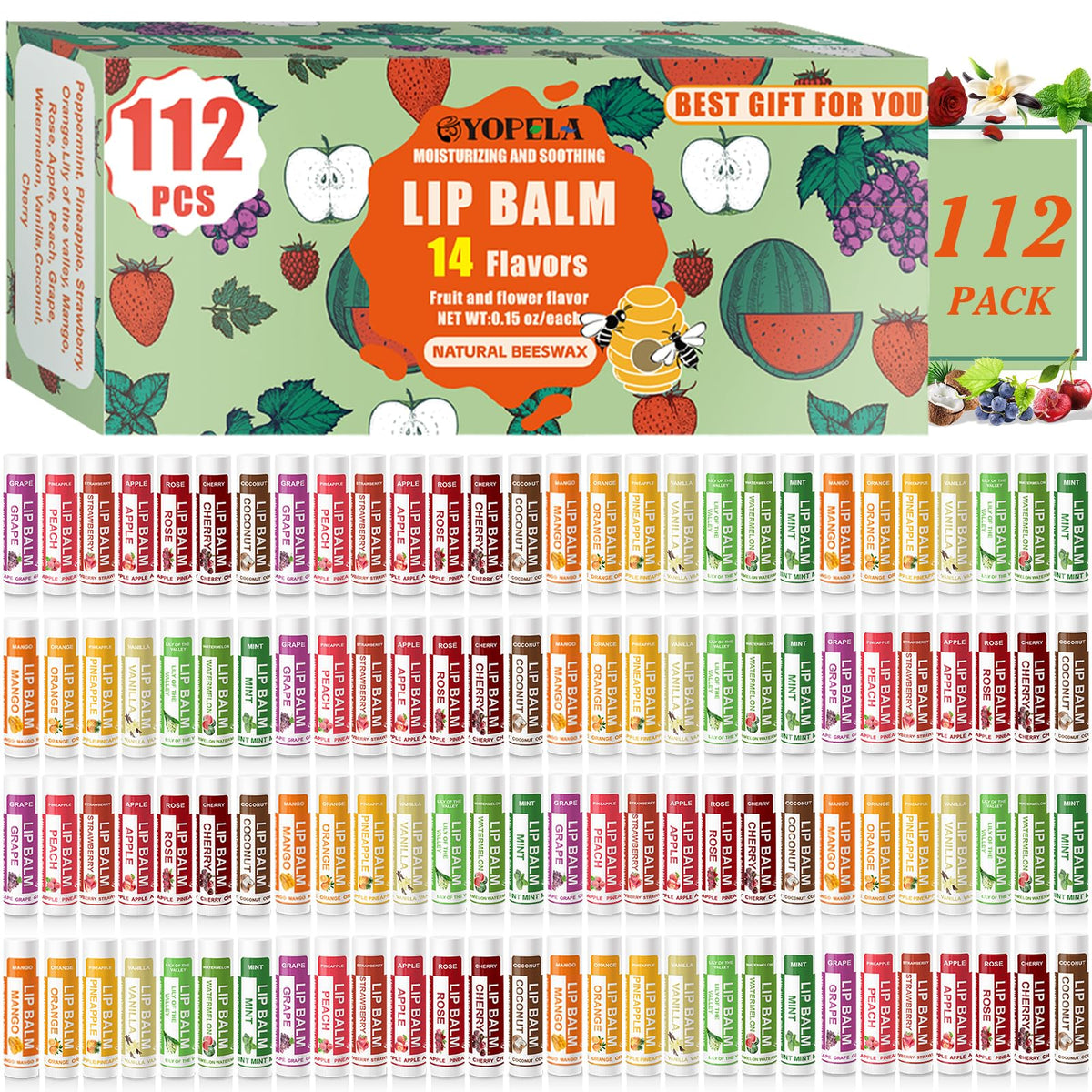 Yopela front packaging showing 112-count bulk lip balms and easy gifting