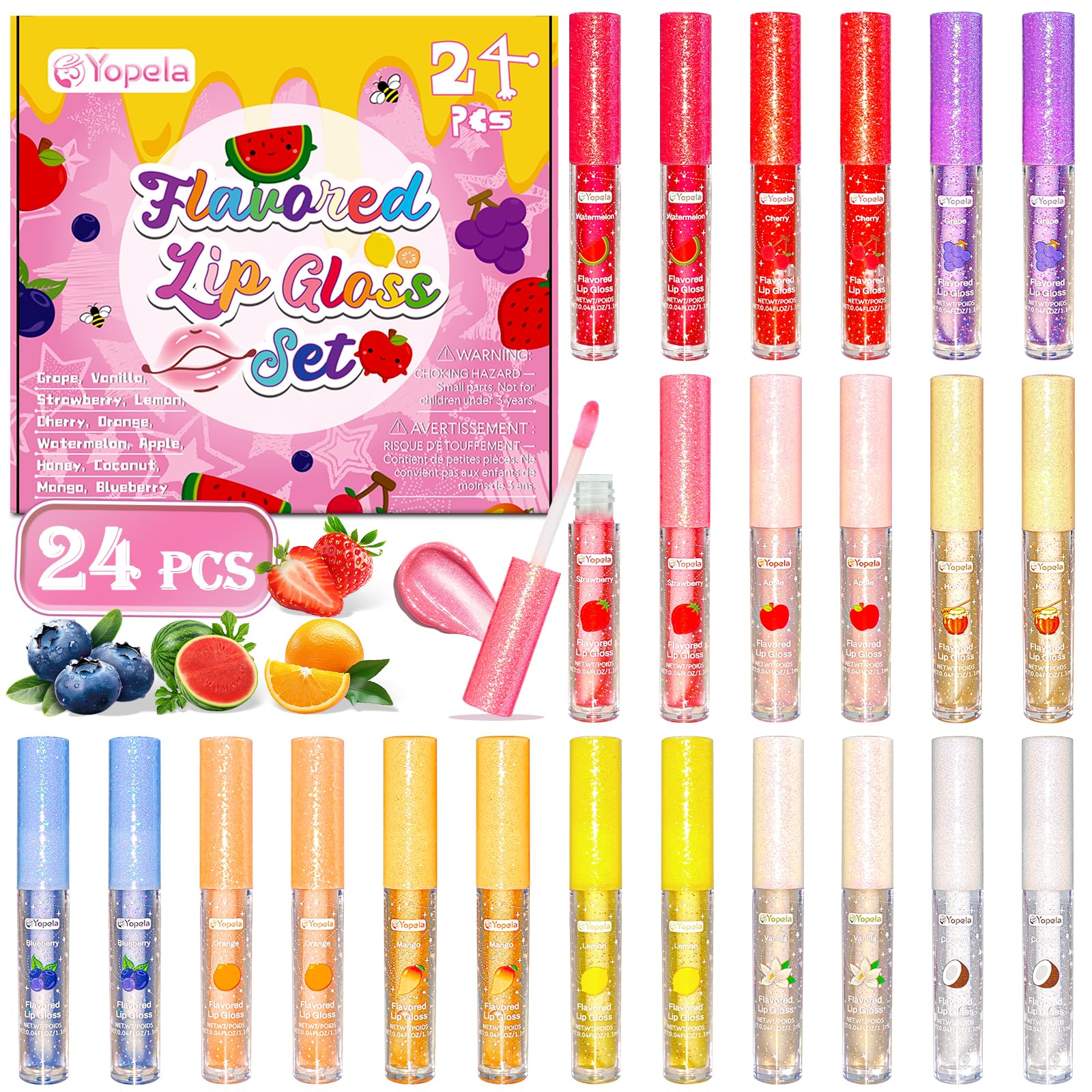 Yopela front packaging showing all 24 gloss tubes and vibrant labels for easy selection
