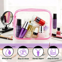 YOQIVEXU pouches arranged inside a suitcase showing TSA-friendly transparent storage
