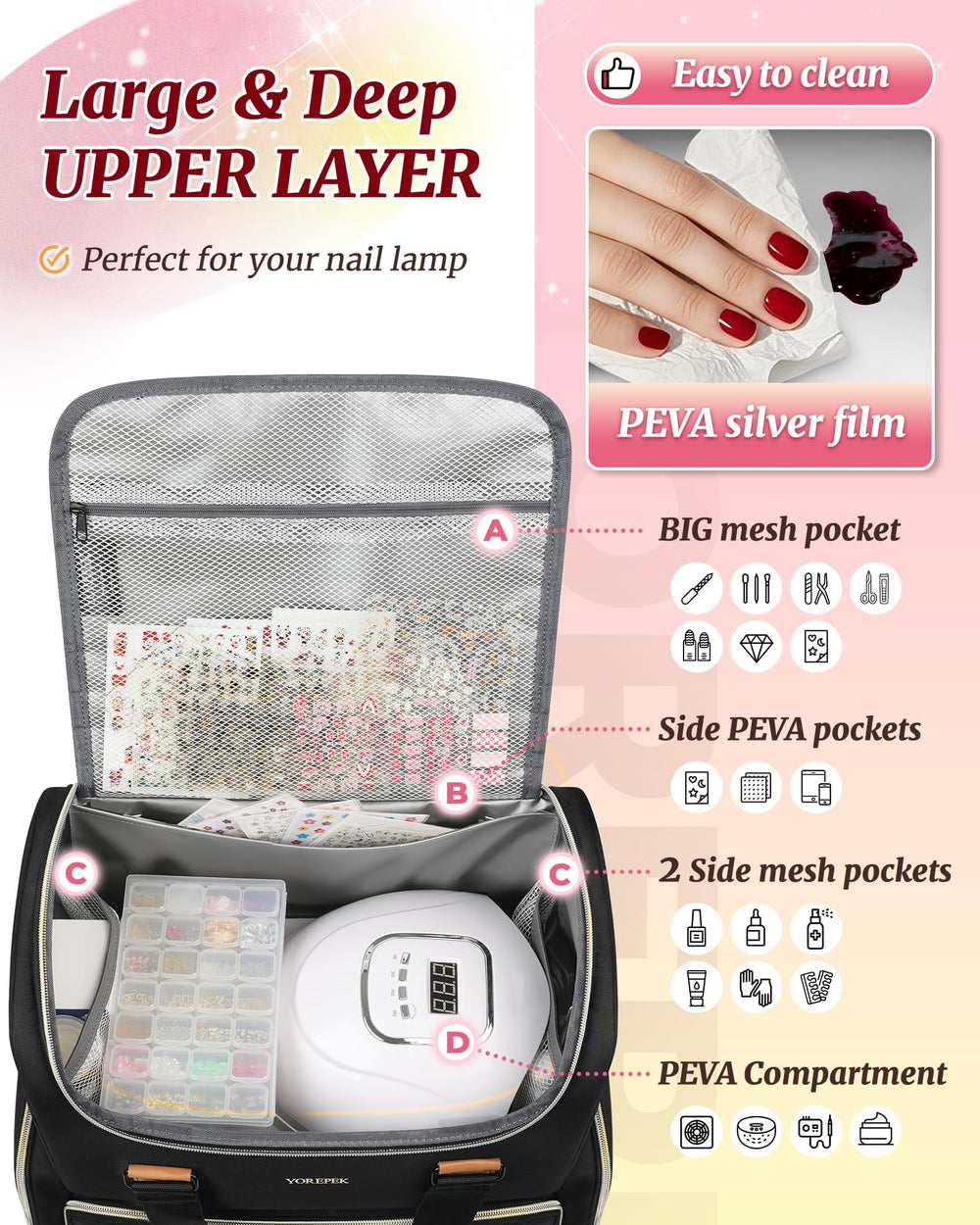 YOREPEK top compartment holding UV lamp and nail drill neatly