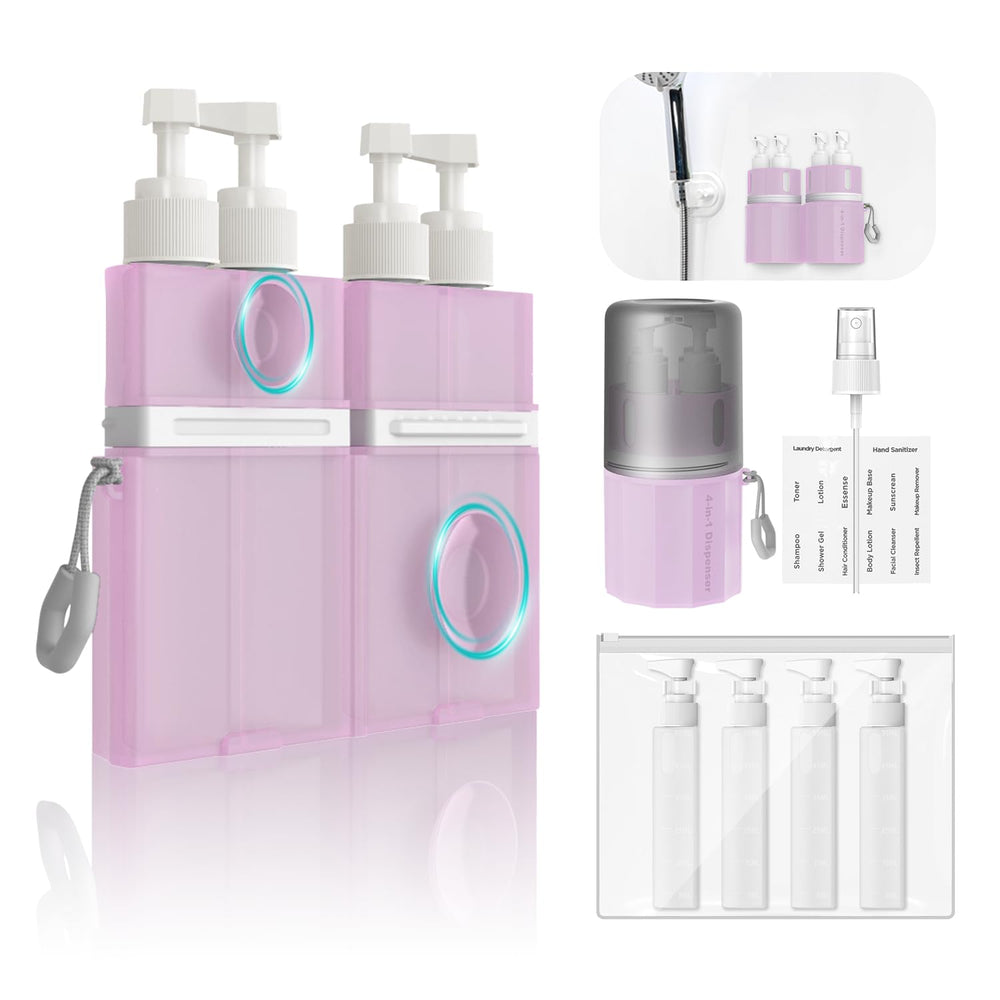 YOTIME front view of the travel dispenser set showing organized bottles and pouch for easy packing