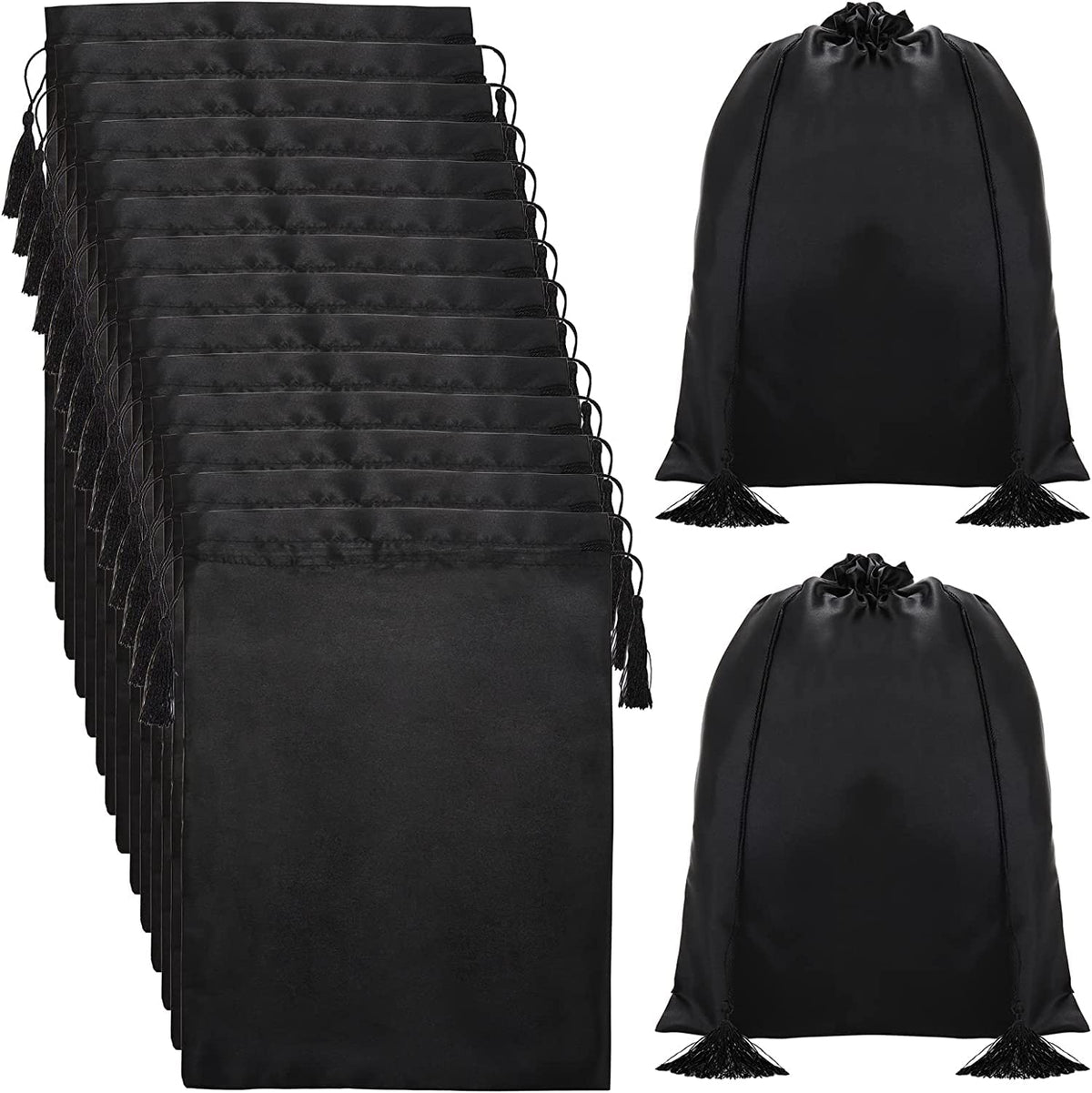 Youeon front view black satin wig bag shows neat storage and subtle shine