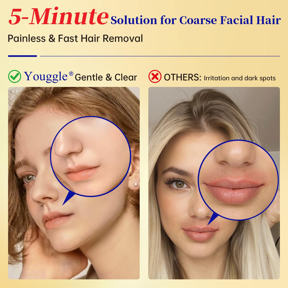 Youggle applied to upper lip showing easy use and fast hair removal benefit