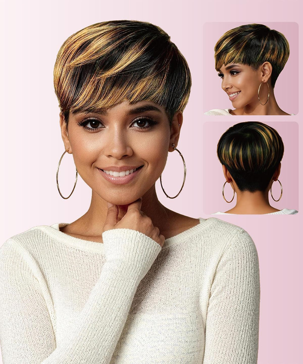 YOUKNOWIG front view of pixie wig showing natural layered cut and bangs benefit