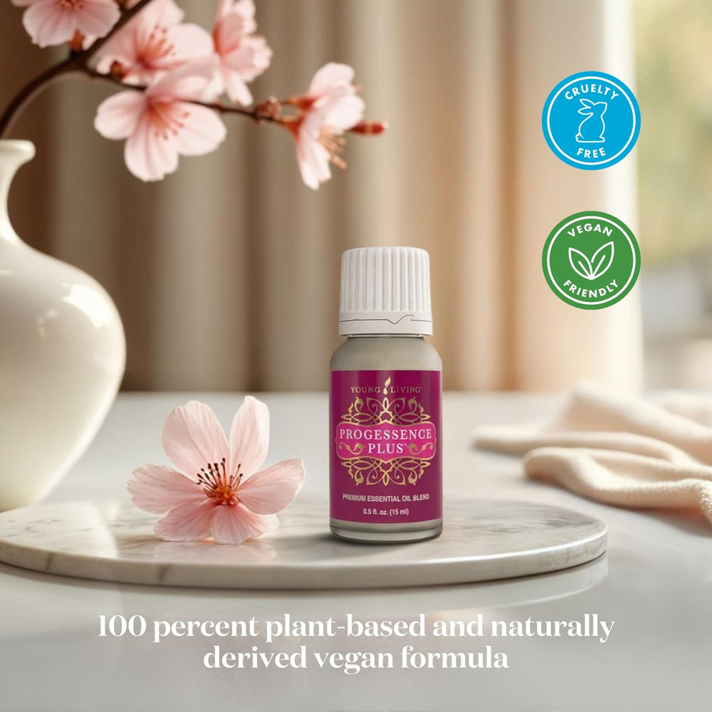 Young Living Progressence on bathroom vanity with towel, suggests daily routine use