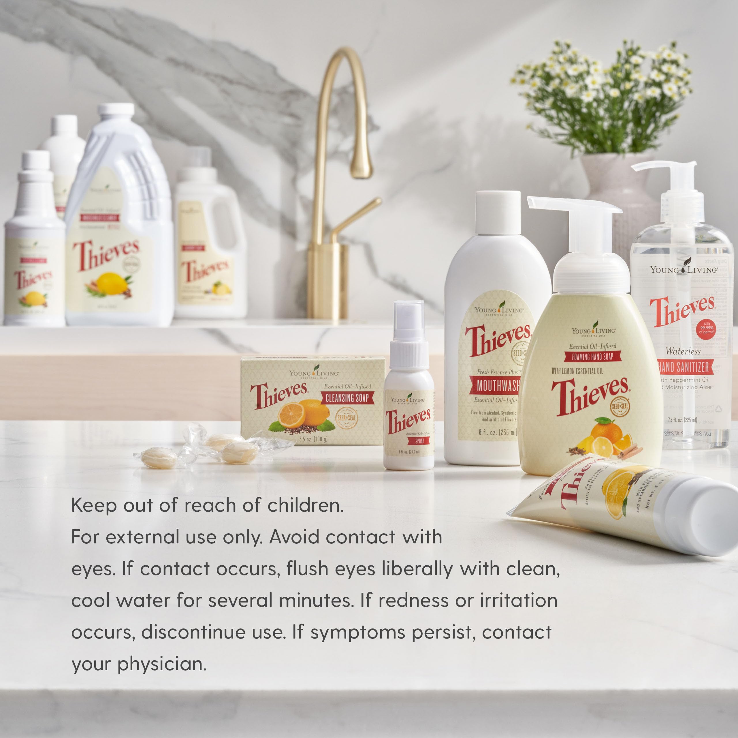 Young Living product on bathroom counter in lifestyle scene showing everyday use