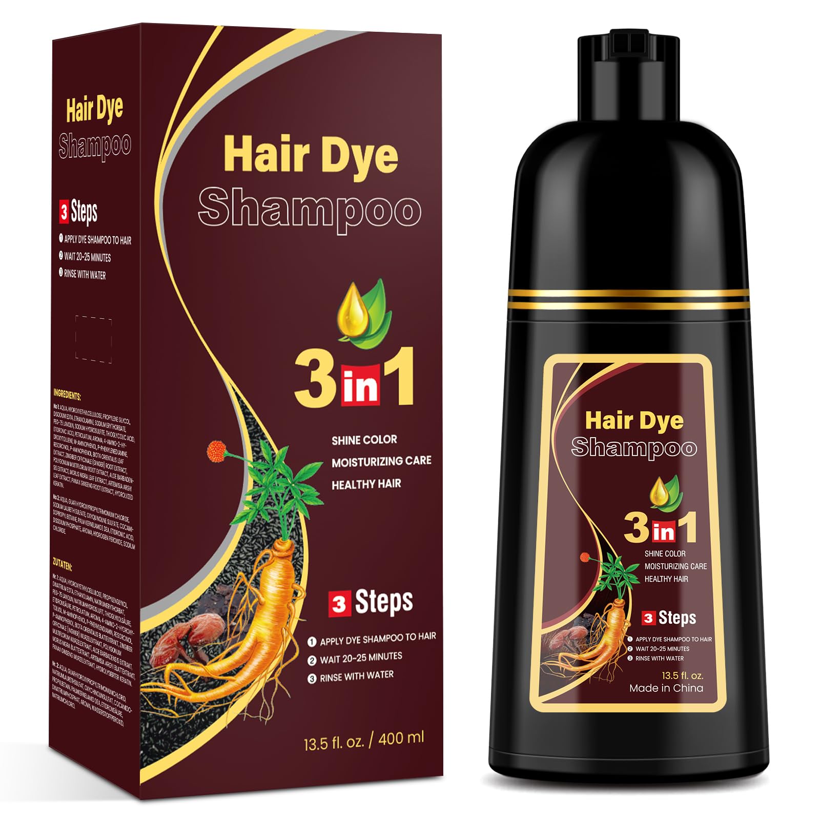 YOURTONE front packaging showing dark brown 3-in-1 shampoo for easy gray coverage and convenience
