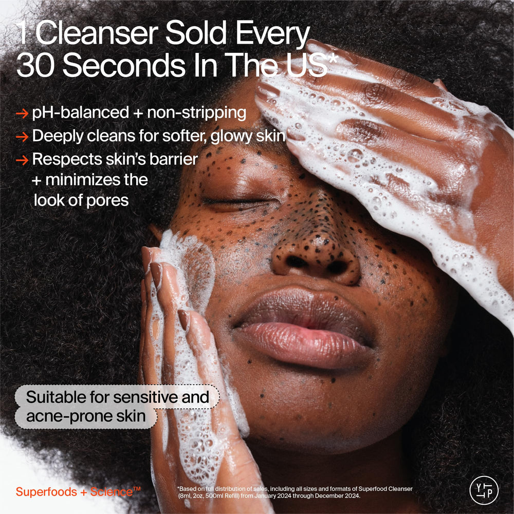 Youth To The People cleanser pump closeup showing gentle foam and deep-clean feel