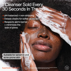 Youth To The People cleanser pump closeup showing gentle foam and deep-clean feel