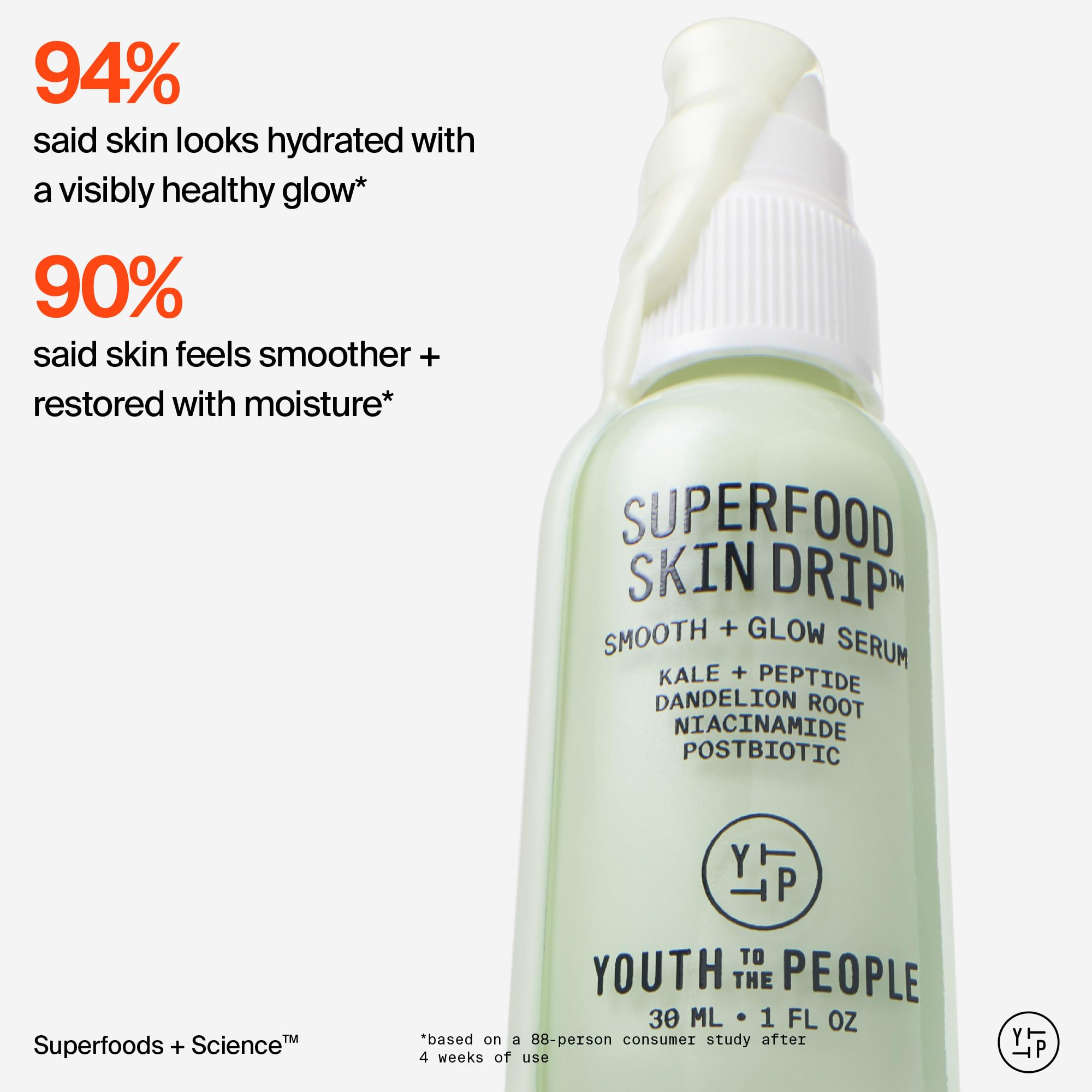 Youth To The People pump dispensing serum into hand for precise, mess-free use