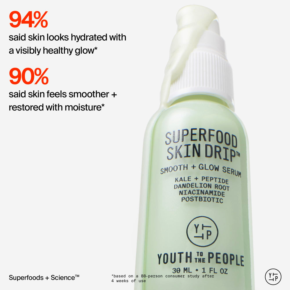 Youth To The People pump dispensing serum into hand for precise, mess-free use