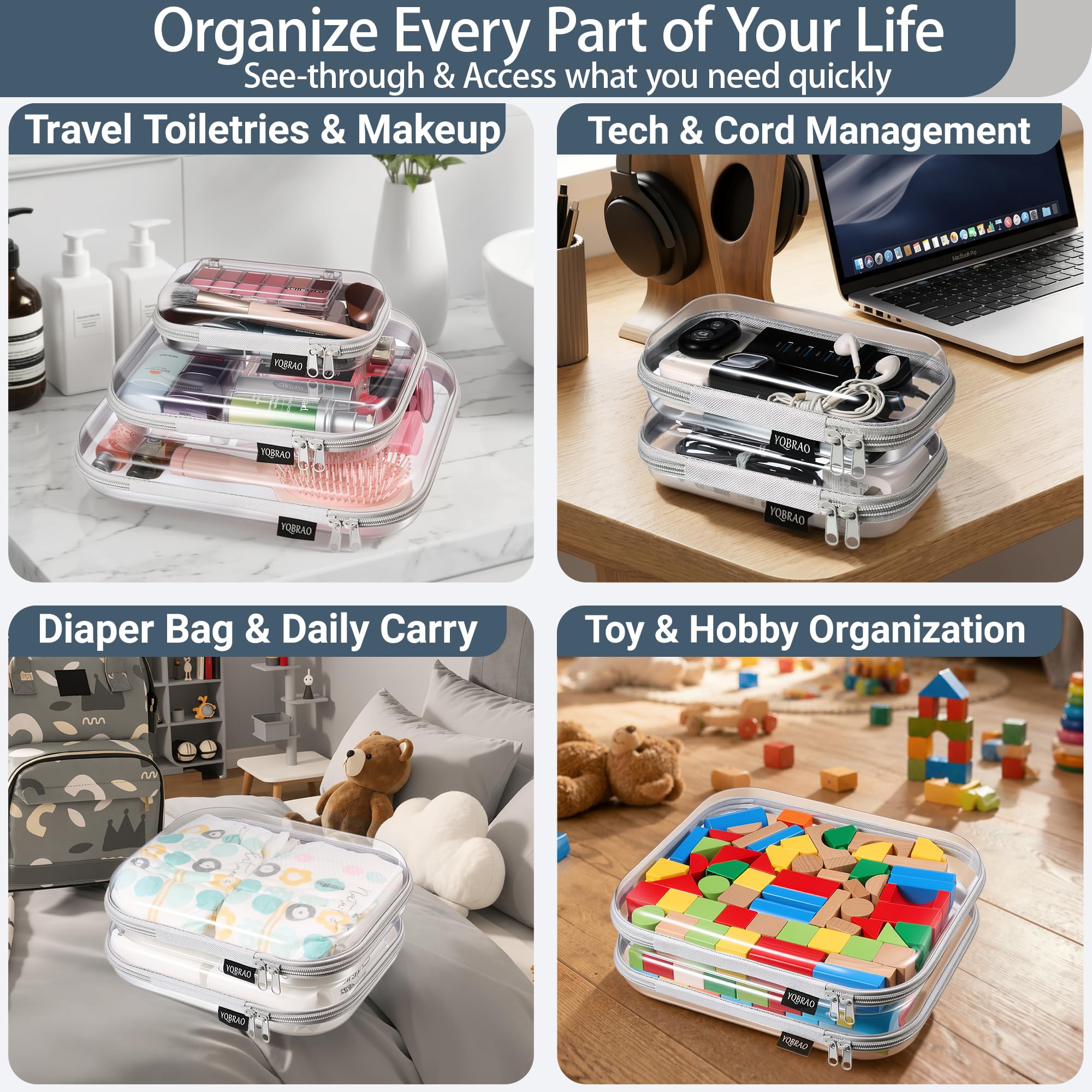 YQBRAO medium pouch packed with travel-size toiletries for airport security