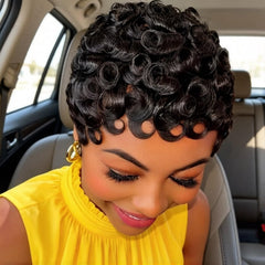 Yrenrea side profile styled wig demonstrating flattering short layered cut