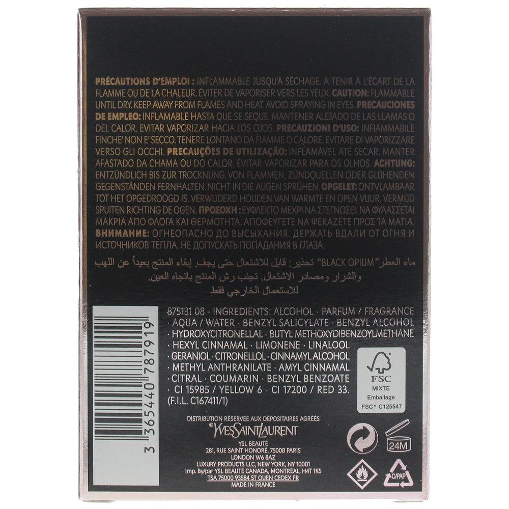 Yves Saint Laurent Black Opium side label highlighting product name and fragrance concentration