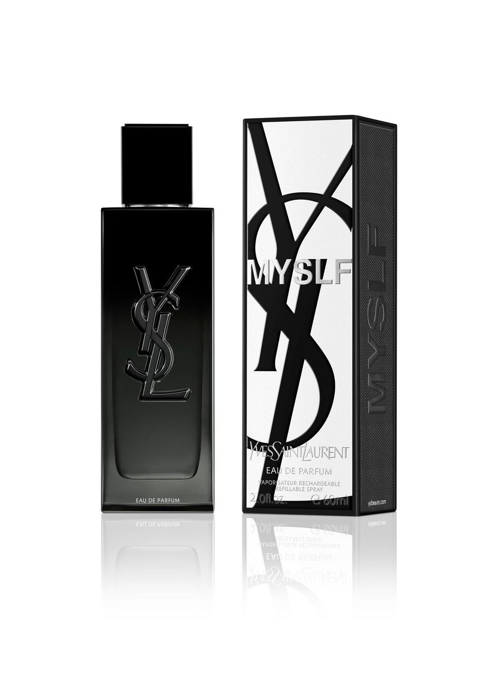 Yves Saint Laurent Myslf atomizer closeup highlighting nozzle and finish benefit: precise spray control