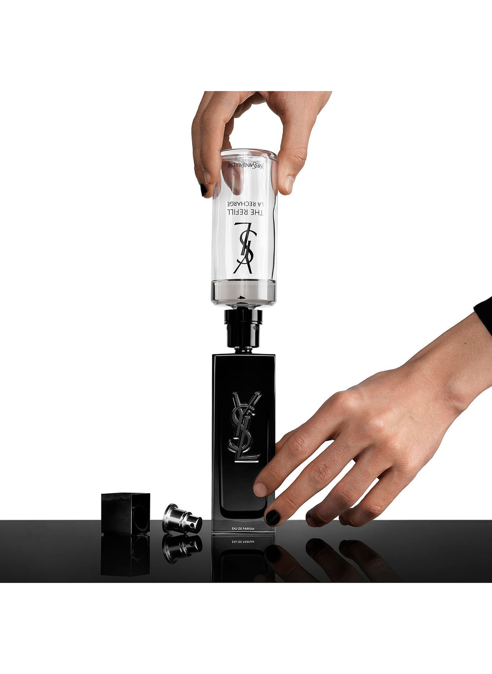 Yves Saint Laurent Myslf spray in use on neck demonstrating application benefit: even fragrance release
