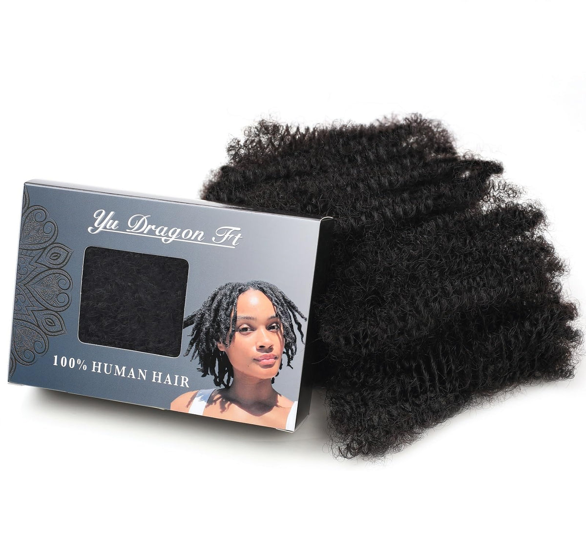 YuDragonFt front packaging showing 16-inch 1B afro kinkys bundle benefit natural look