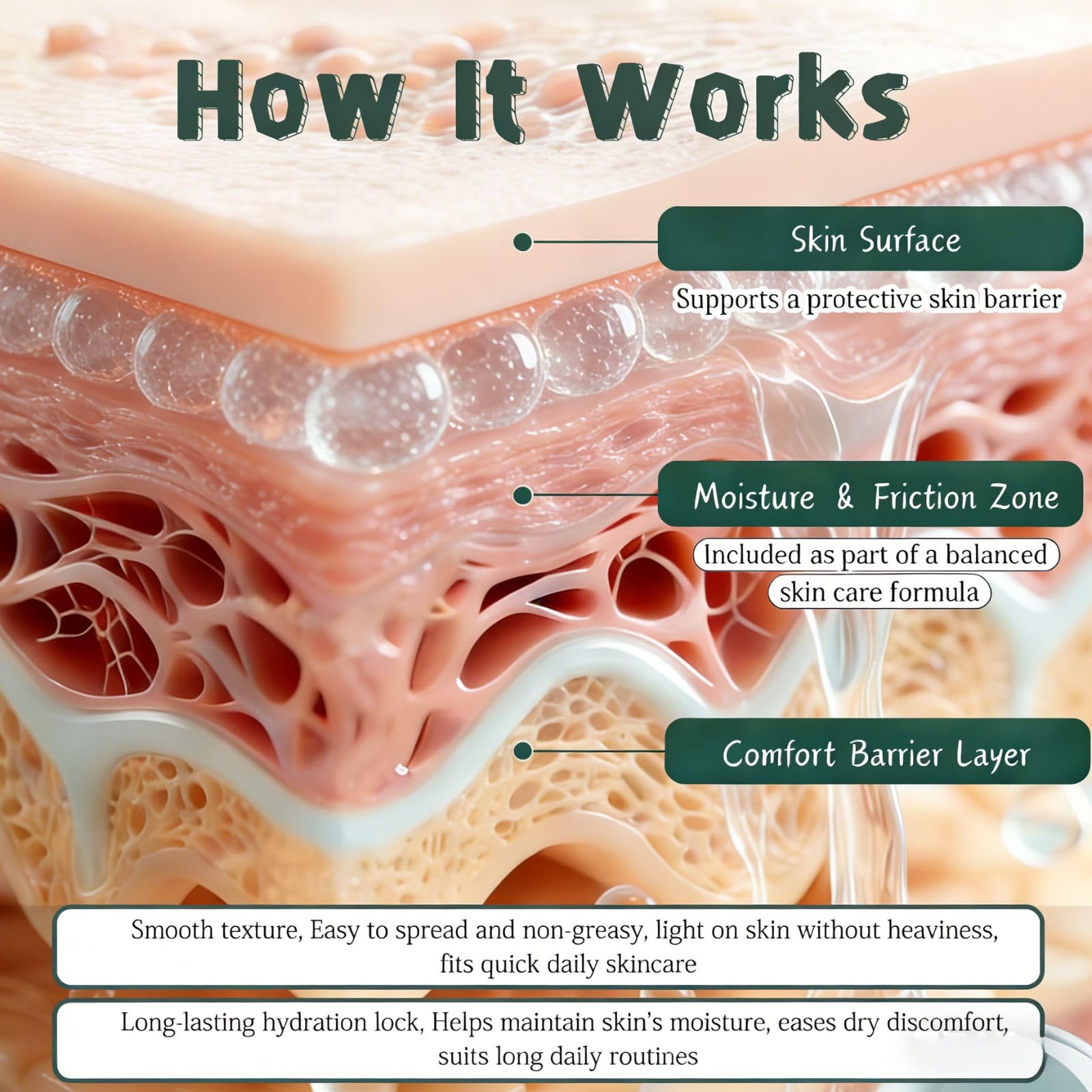 YUEOL applied to inner thigh illustrating moisture control and chafe support