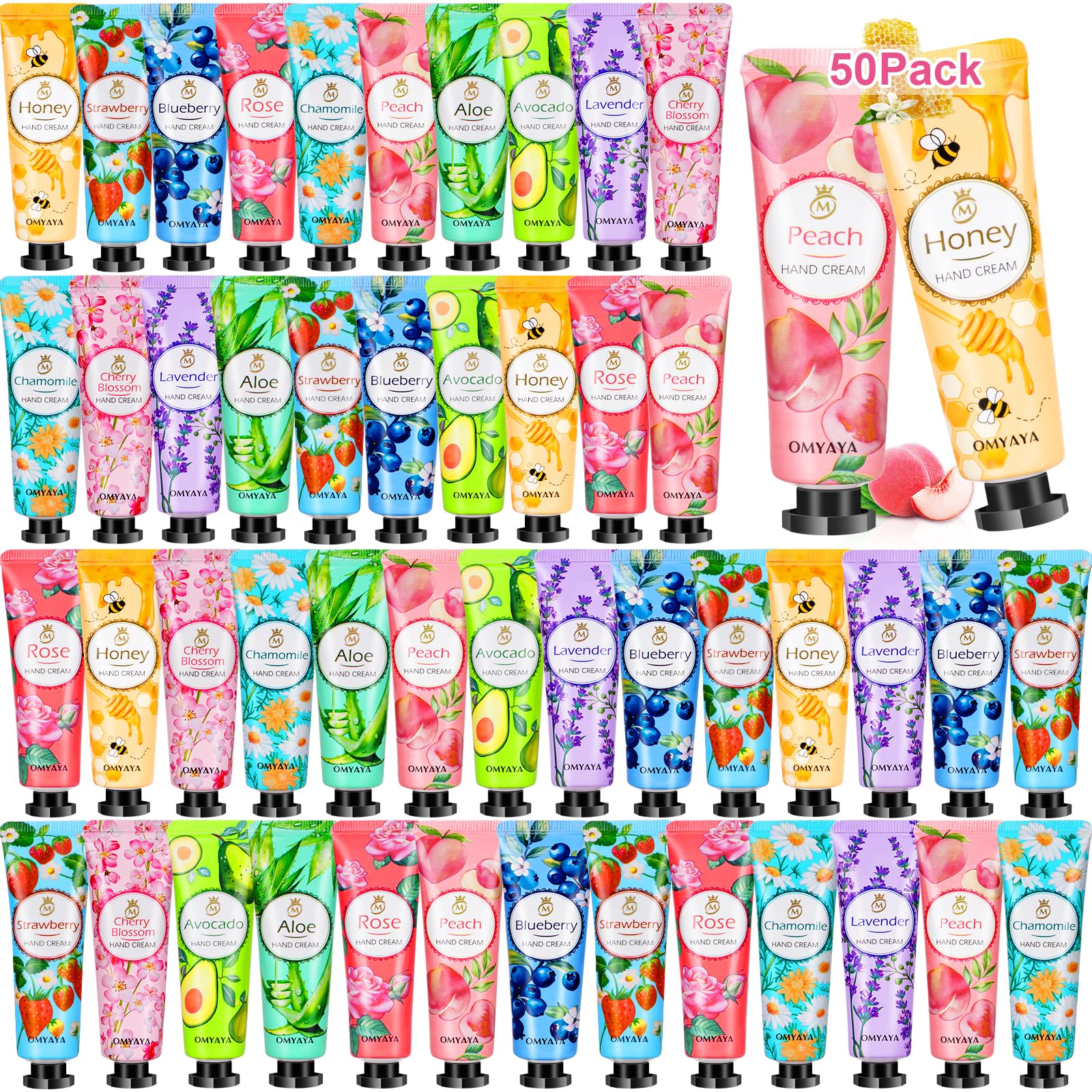 YUEONEWIN front packaging of 50-pack hand cream showing gift-ready tubes and variety