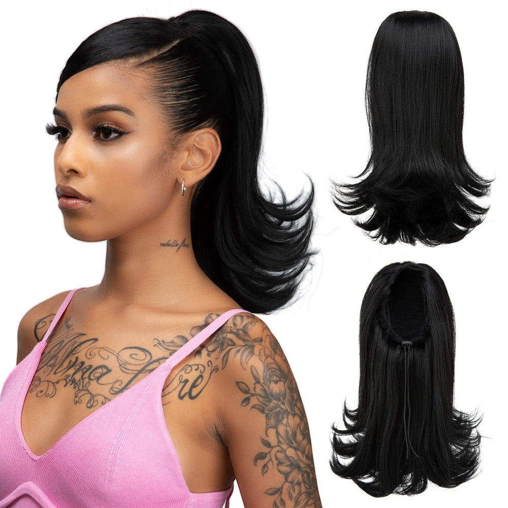 YUMOREAL front view of short black ponytail showing neat finish and easy styling benefit