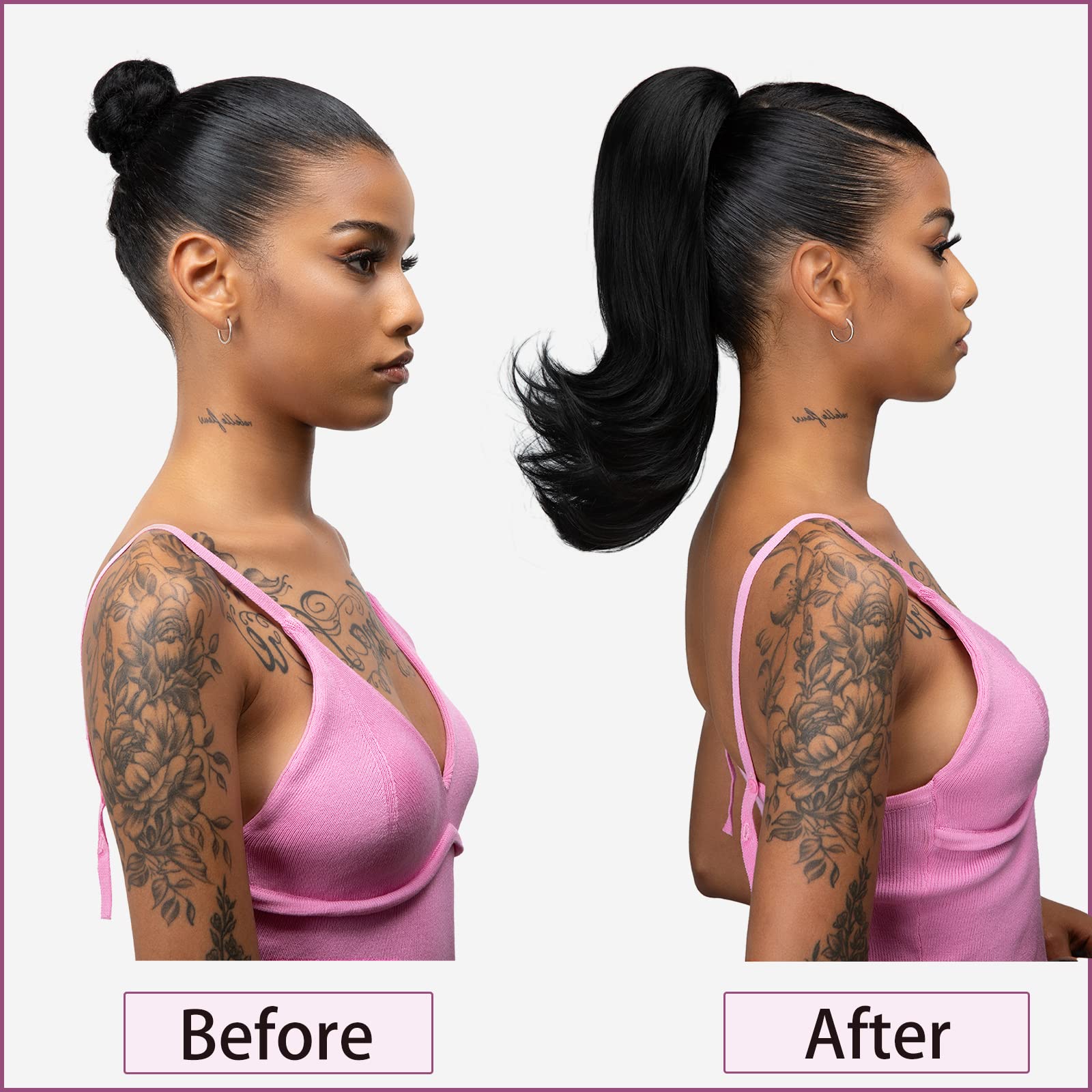 YUMOREAL ponytail in use over a low bun demonstrating quick install and polished appearance
