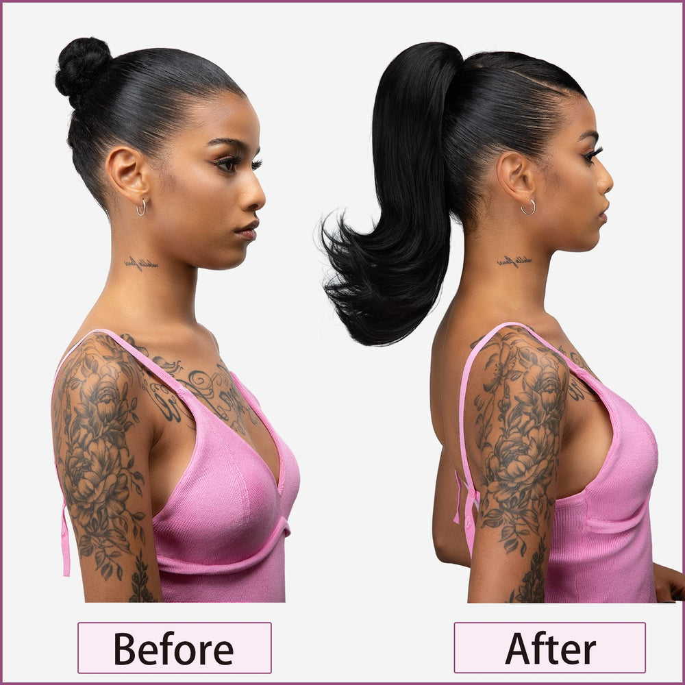 YUMOREAL ponytail in use over a low bun demonstrating quick install and polished appearance