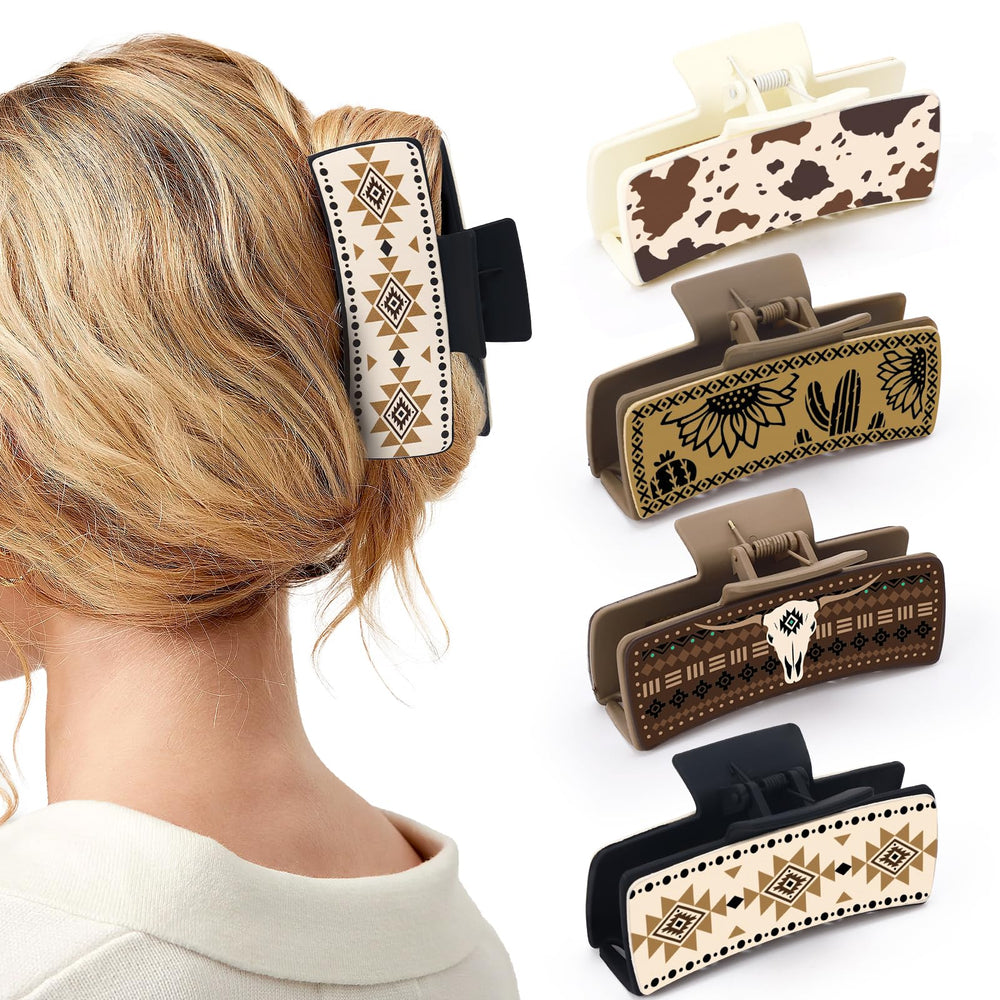 Yussti front packaging showing four western claw clip designs and organized gift-ready display