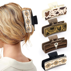 Yussti front packaging showing four western claw clip designs and organized gift-ready display