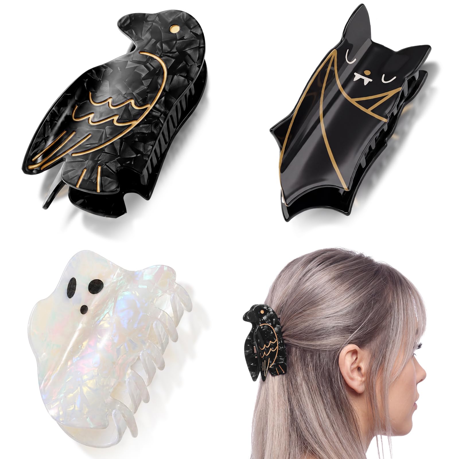 Yuxung front view of three Halloween clips showing raven ghost bat and easy styling benefit