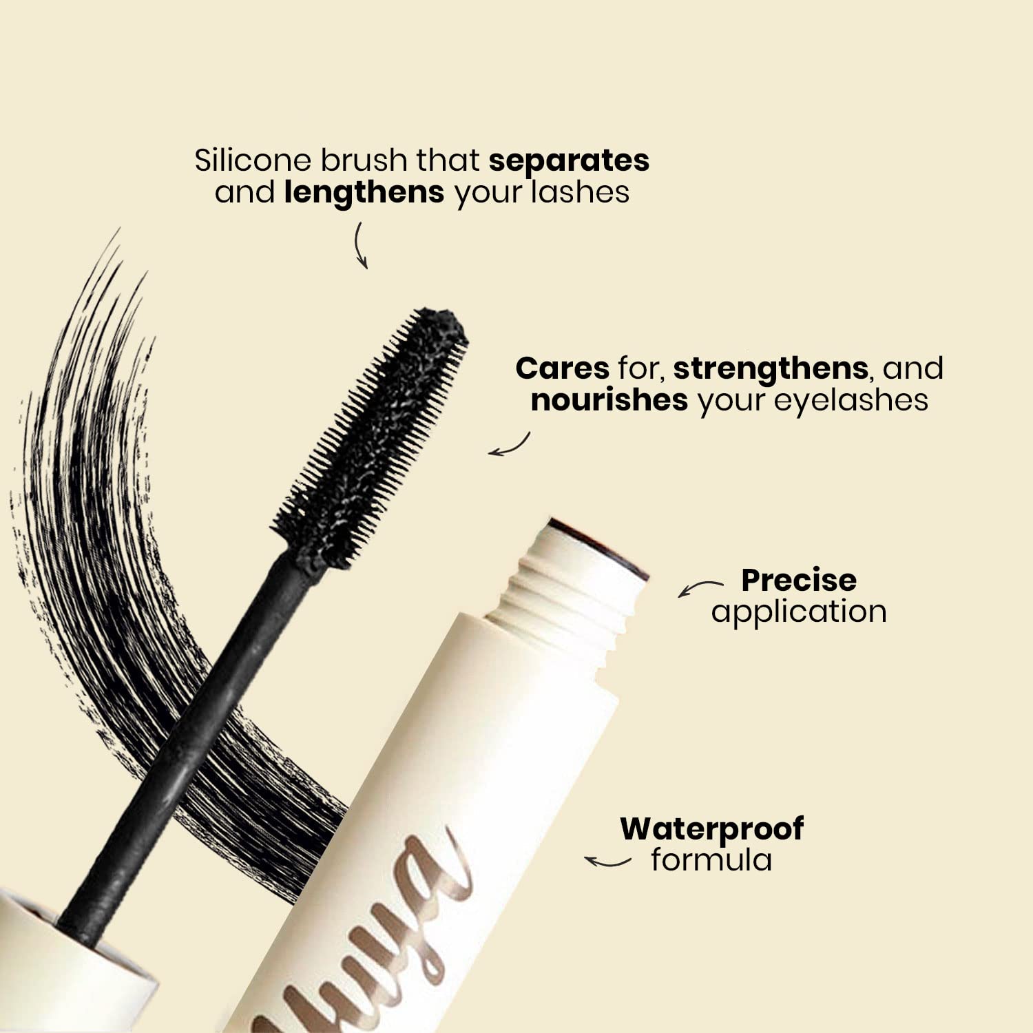 YuYa mascara application in hand showing small brush control benefit