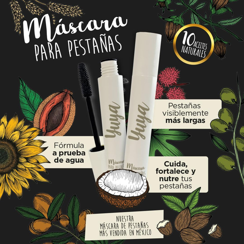 YuYa mascara ingredients display featuring botanical oils and nourishing benefit