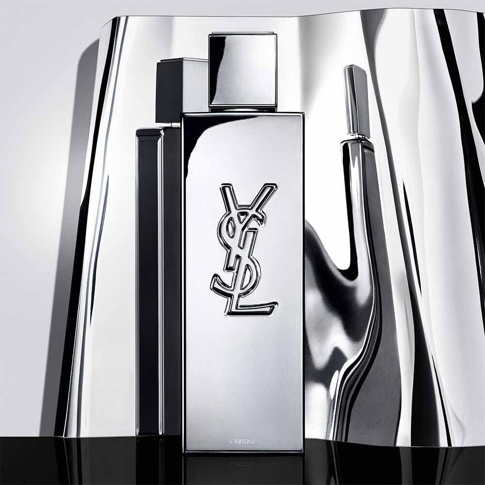 Yves Saint Laurent MYSLF L'ABSOLU size comparison with hand illustrating portable 2 oz benefit