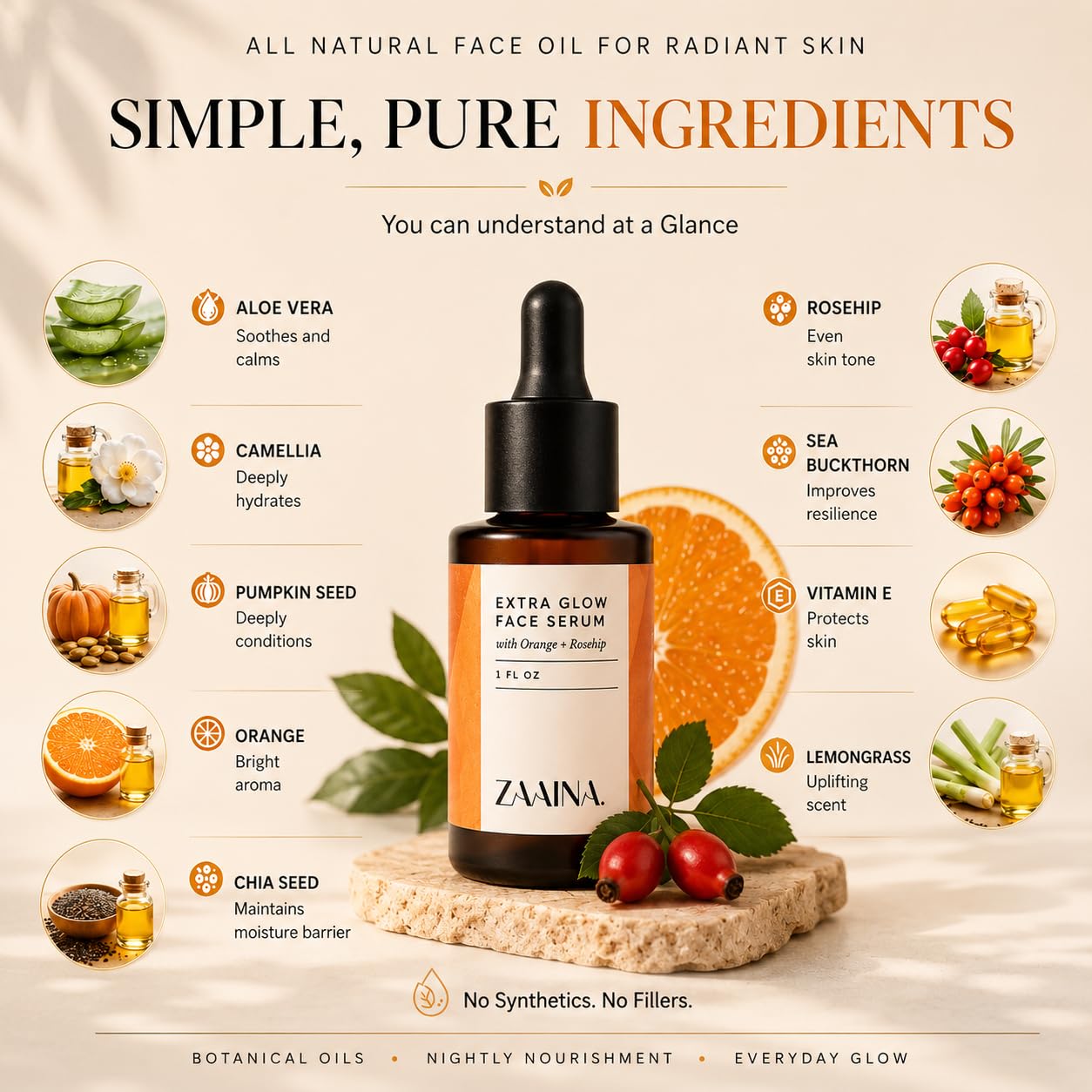ZAAINA pumpkin seed and rosehip ingredients displaying antioxidant benefits