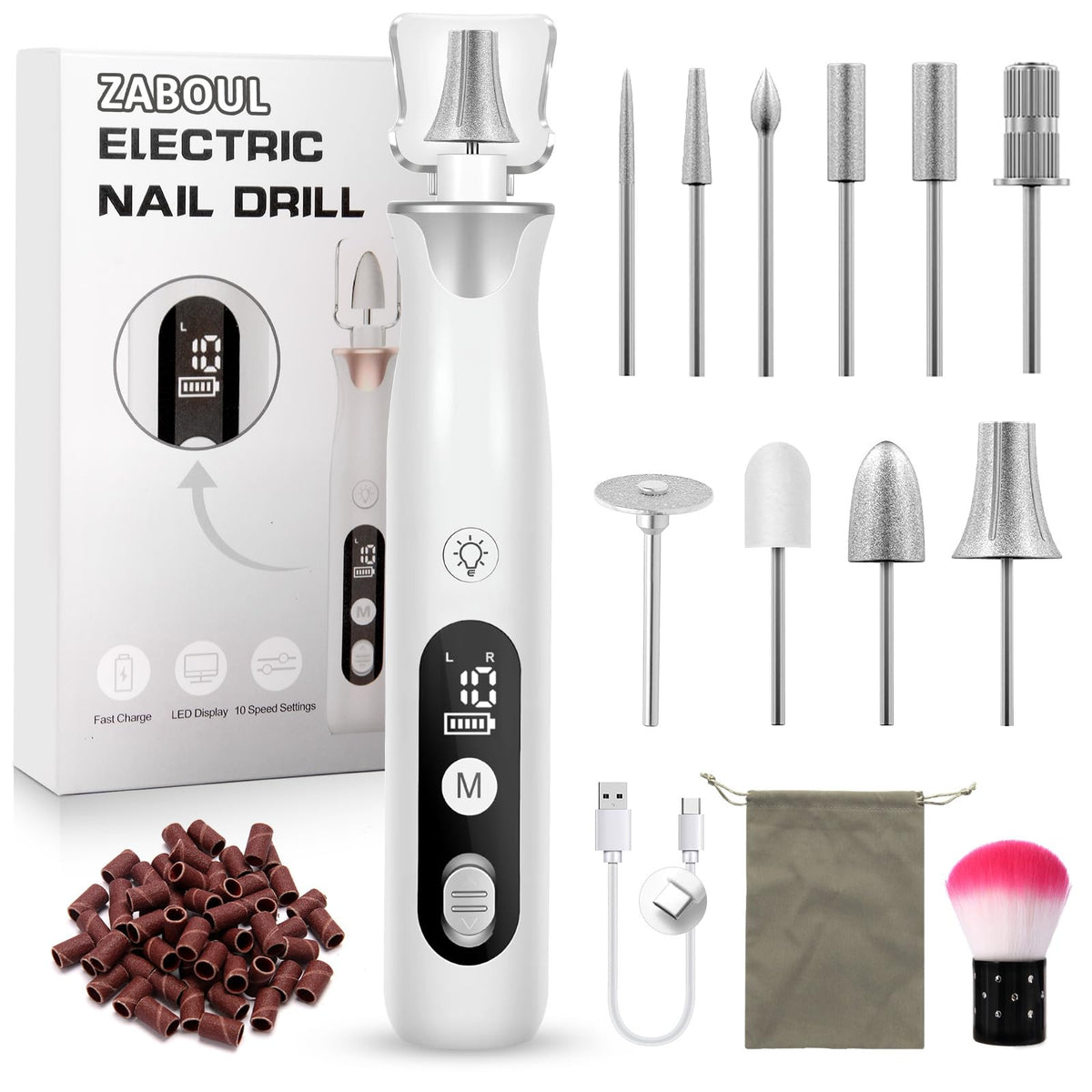 ZABOUL front view of cordless nail drill showing ergonomic grip and LED, professional control benefit