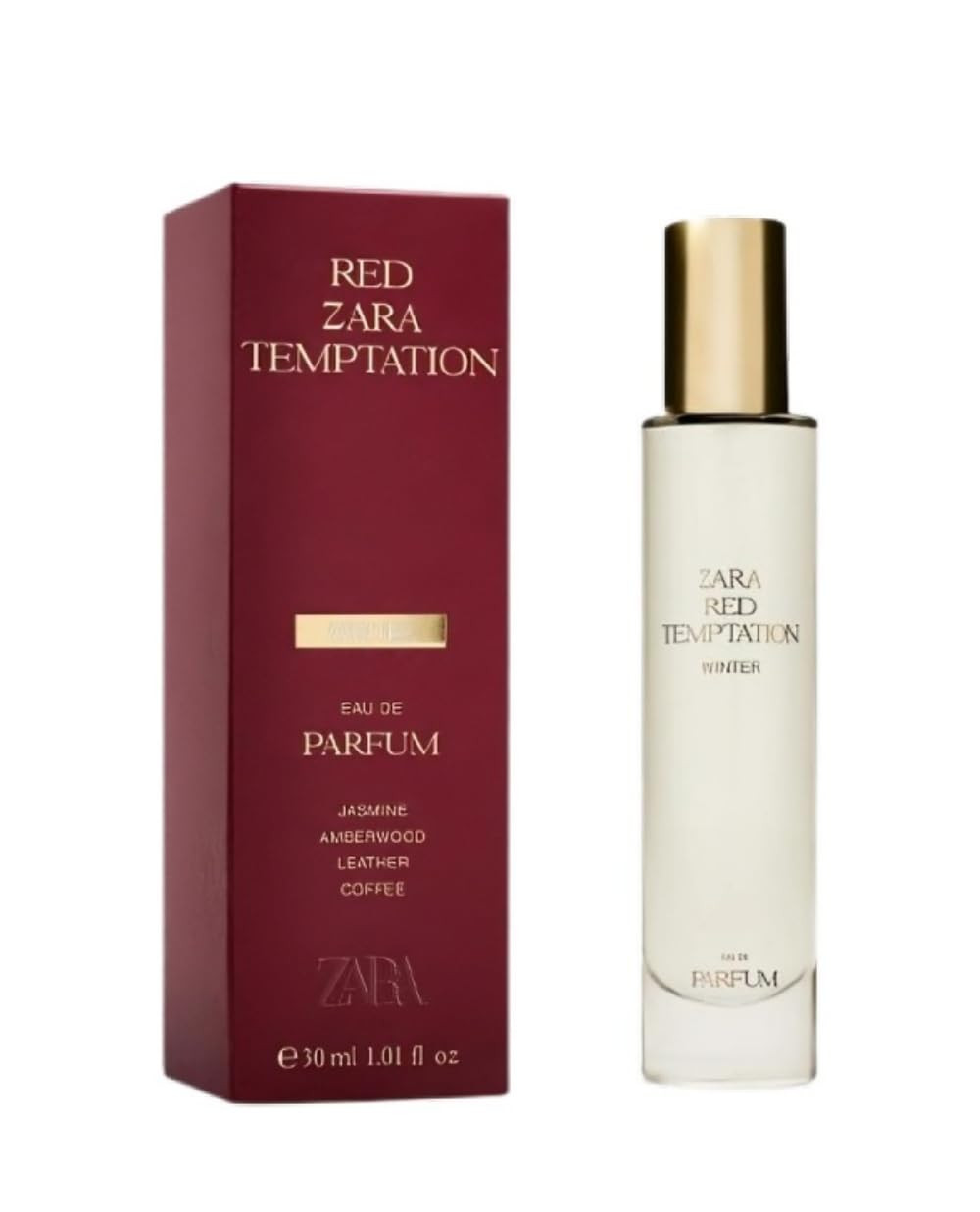 Zara Red Temptation Winter front bottle view showing compact 30ml size and elegant finish