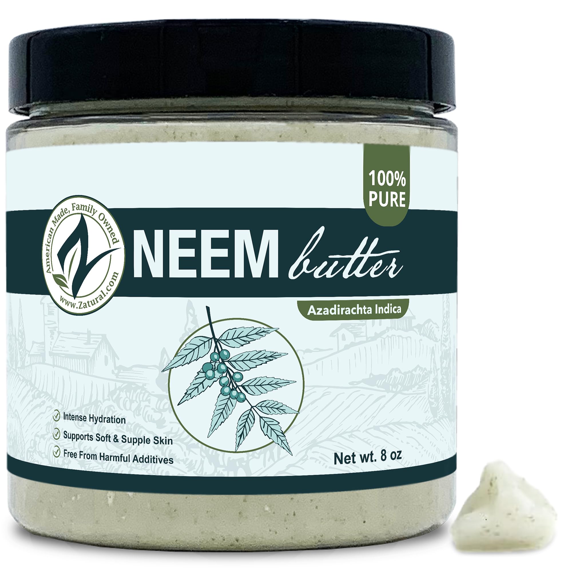 Zatural jar front label showing organic neem butter and benefits