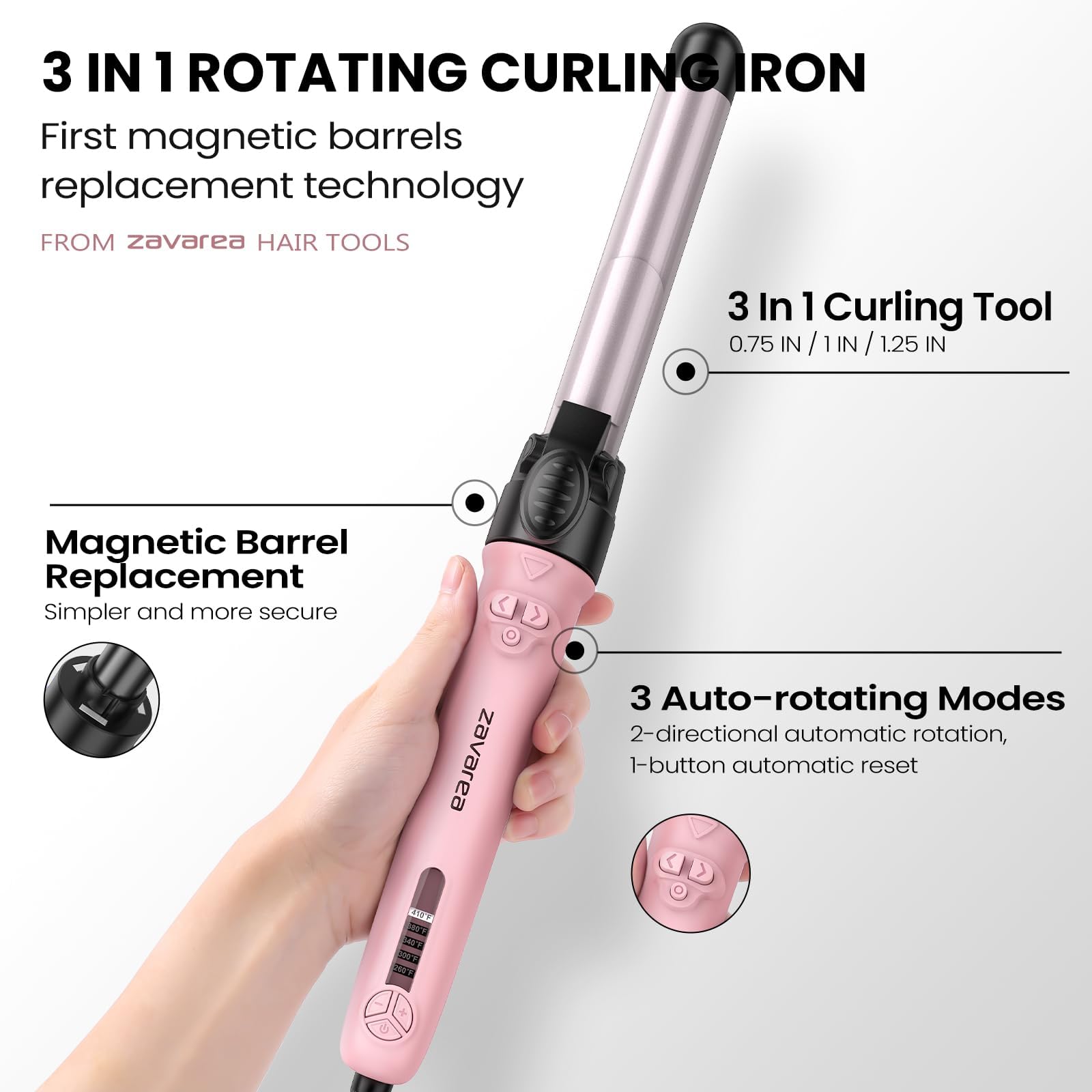 ZAVAREA curling iron in hand demonstration creating effortless curls and saving styling time