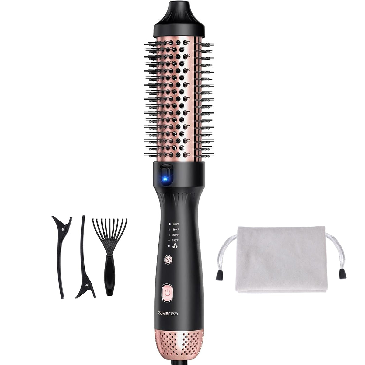ZAVAREA front view showing brush shape and ergonomic handle for comfortable styling