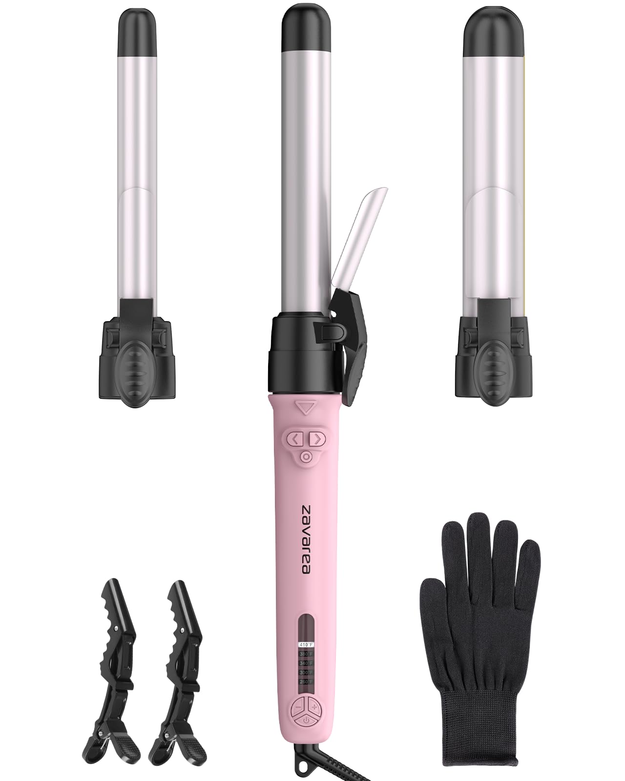 ZAVAREA rotating curling iron front view showcasing pink design and ergonomic grip for easy styling