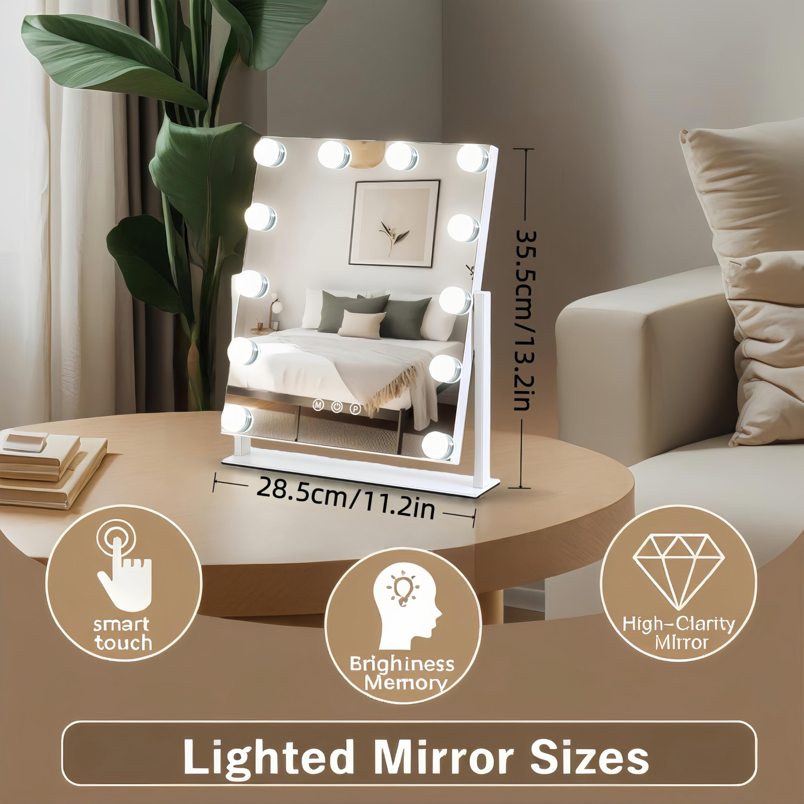 ZBOCAI close-up of 12 dimmable bulbs highlighting even illumination for precise makeup
