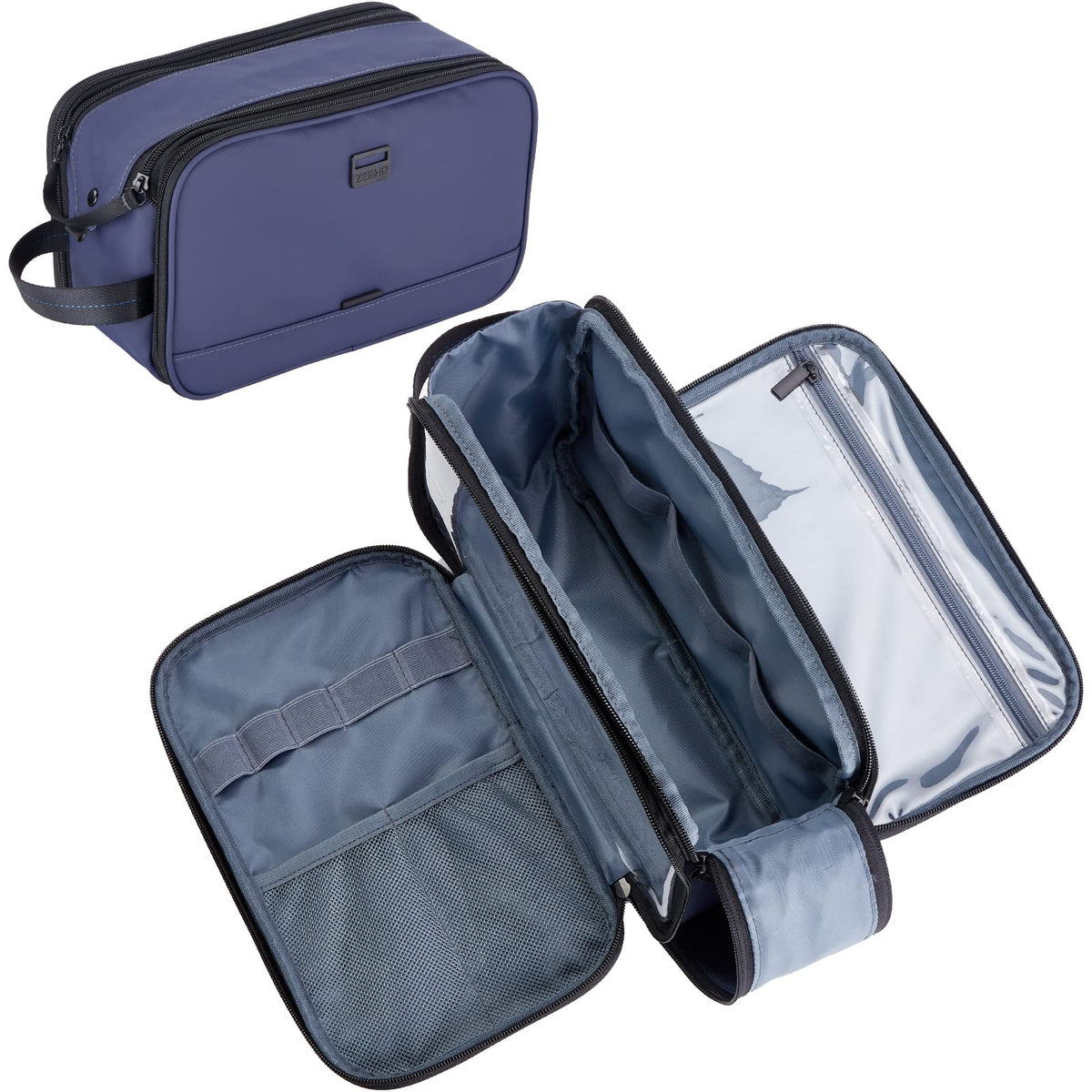ZEEMO front view showing full-open dopp kit and compact design benefit