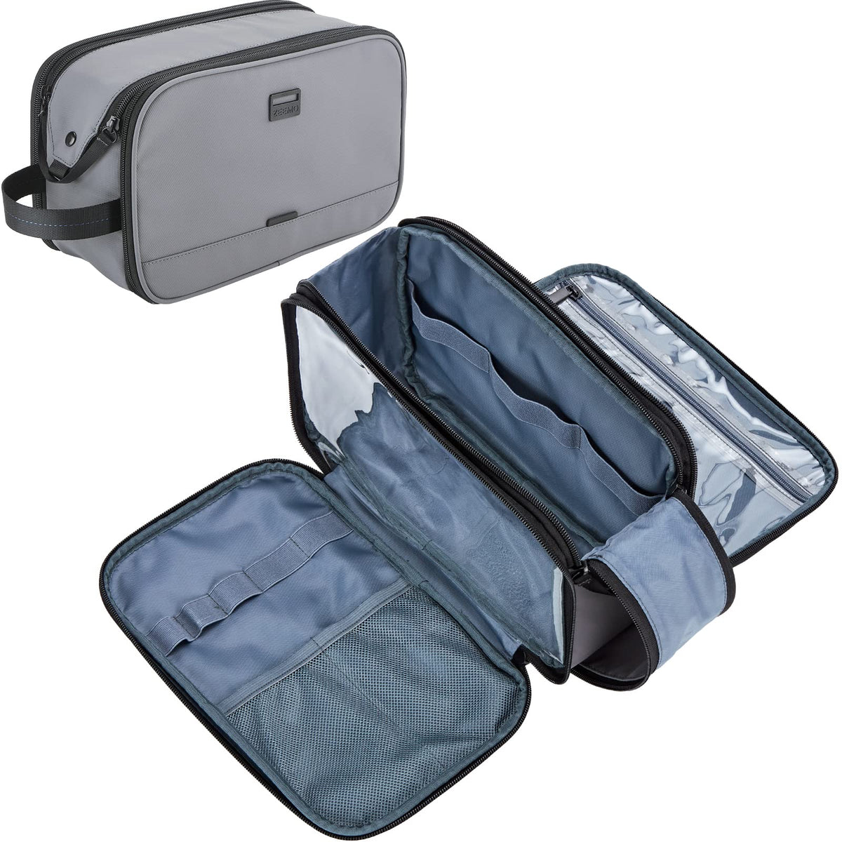 ZEEMO front view showing durable travel toiletry bag and organized layout