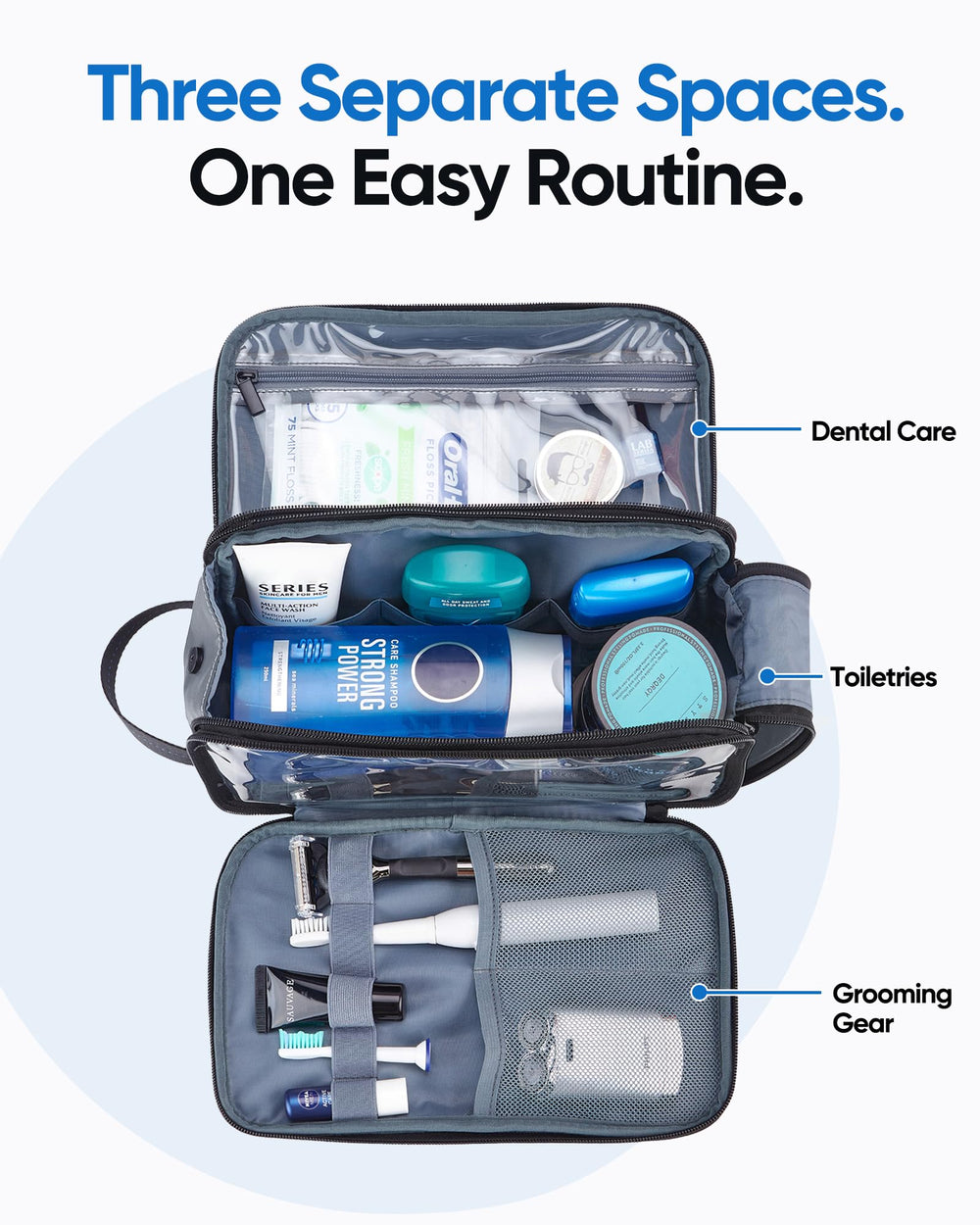 ZEEMO main compartment with full-size bottles standing upright for stability
