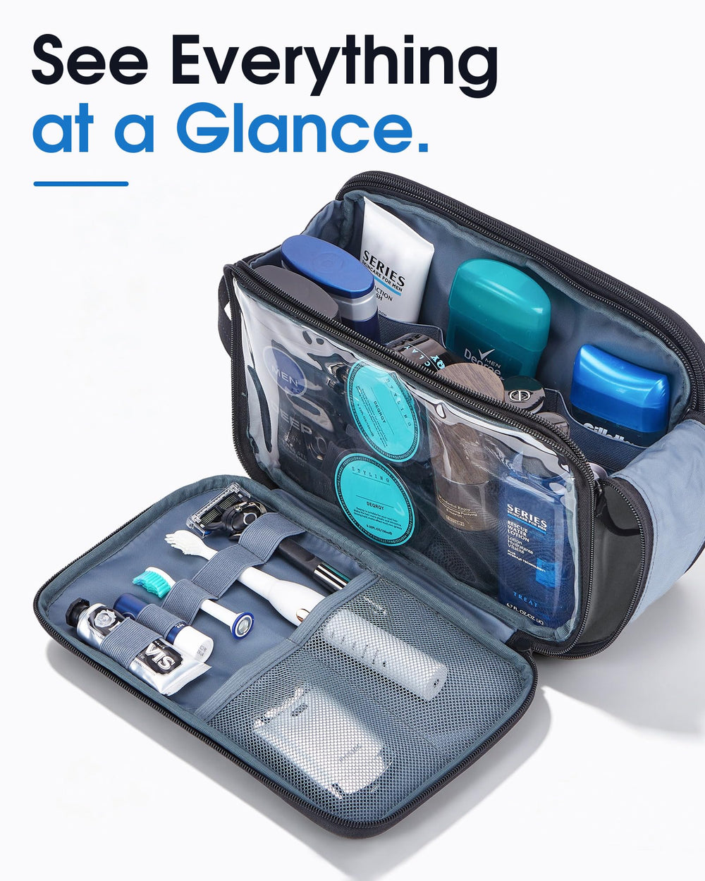 ZEEMO bag beside toiletries to show size and packing capacity