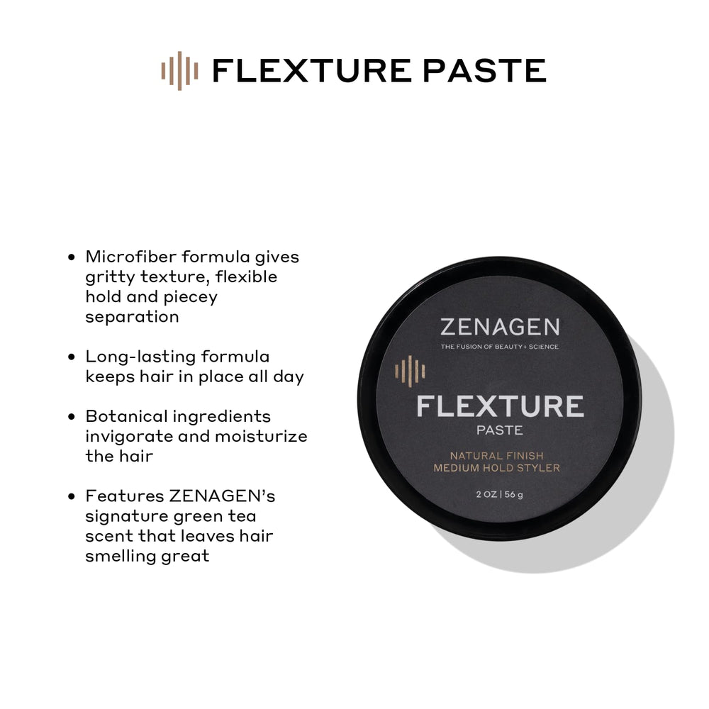 Zenagen Flexture Paste close-up texture on fingertip demonstrating matte microfibers for natural hold