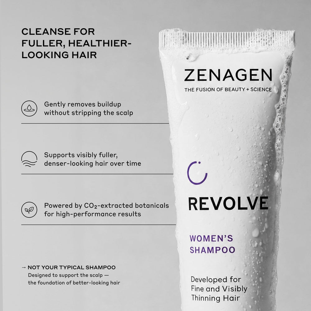 Zenagen shampoo pump close-up showing easy dispensing and travel utility