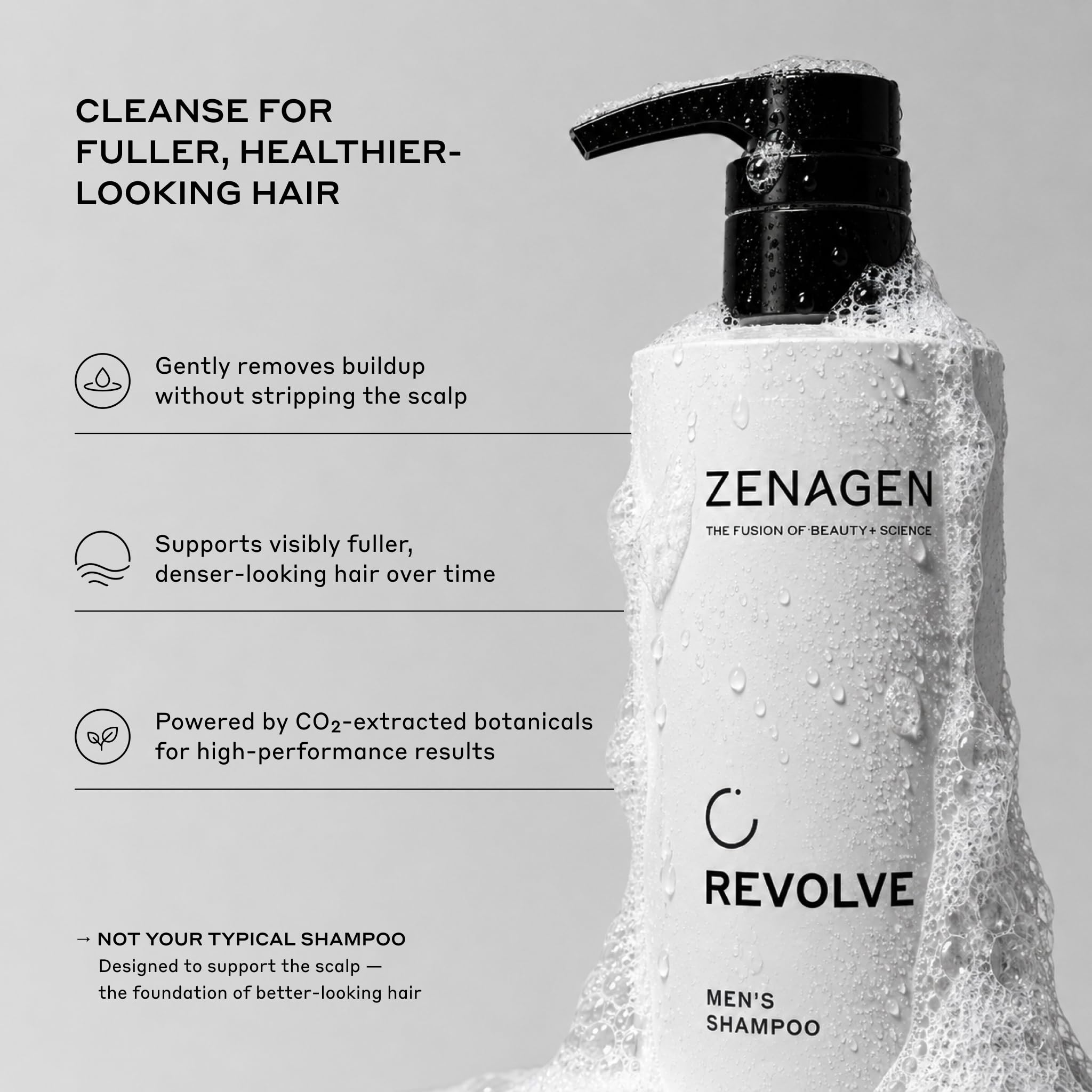 Zenagen shampoo foam texture highlighting gentle lathering benefit