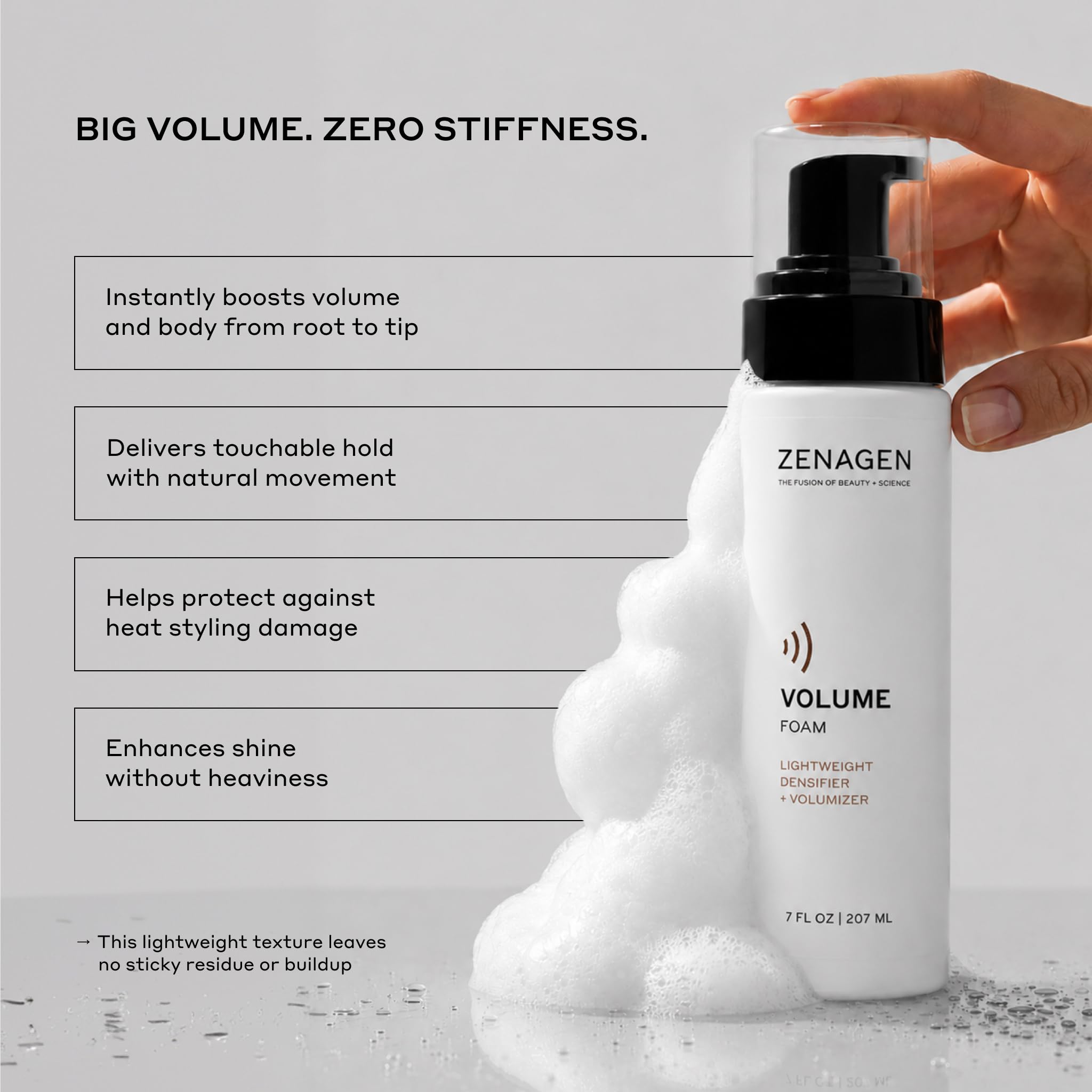 Zenagen Volume Foam airy mousse close-up demonstrating lightweight texture