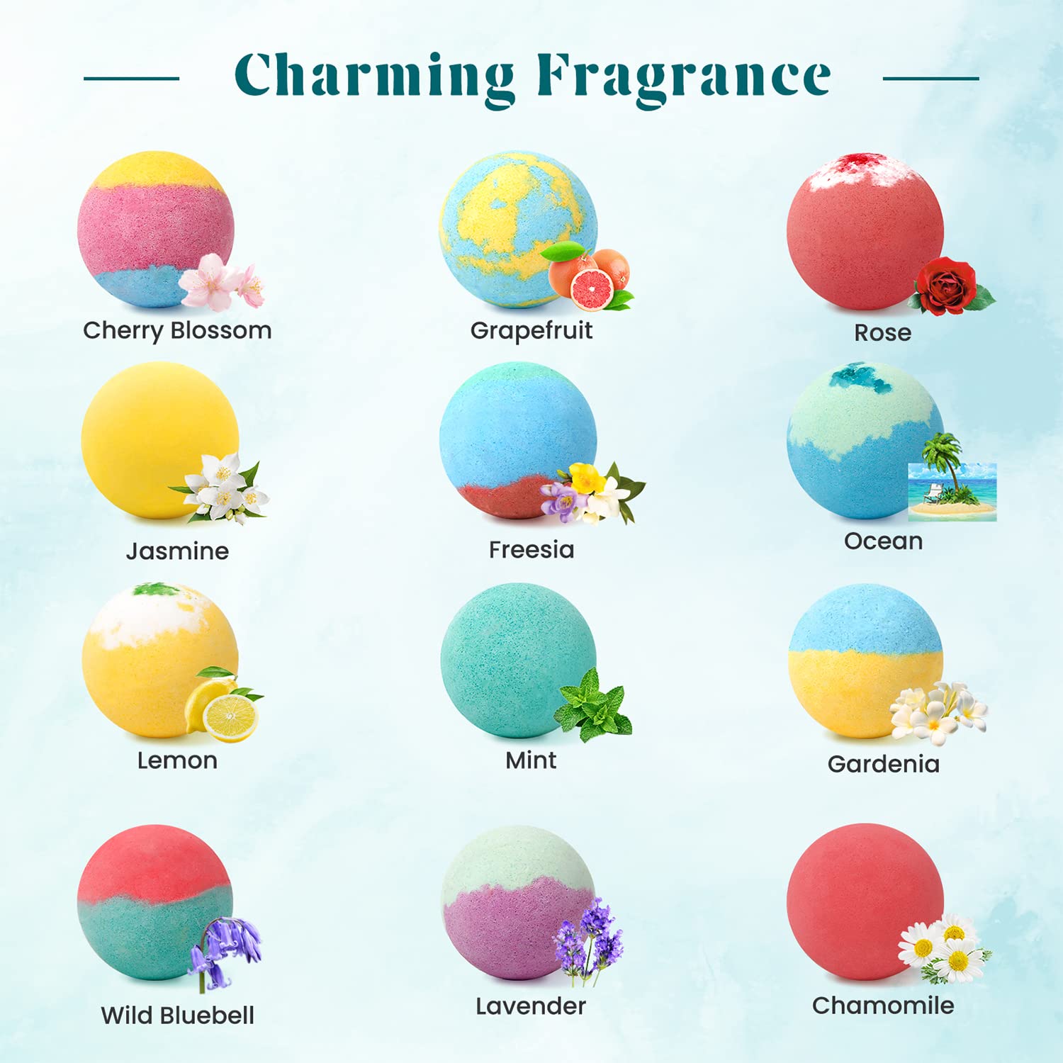 ZenBombs overhead view of all 12 bath bombs — helps choose preferred fragrance